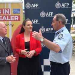Minister for Police and Emergency Services Mick Gentleman, ACT Region Crime Stoppers Chair Diana Forrester and ACT Deputy Chief of Police Mark Walters launch Dob in a Dealer in Canberra.