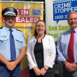 NSW Police Superintendent Paul Condon, ACT Region Crime Stoppers Chair Diana Forrester and Queanbeyan-Palerang Regional Council Mayor Tim Overall launch Dob in a Dealer in Queanbeyan.