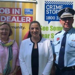 Yass Valley Mayor Rowena Abbey, ACT Region Crime Stoppers Chair Diana Forrester and NSW Police Detective Chief Inspector Brendan Bernie launch Dob in a Dealer in Yass Valley.