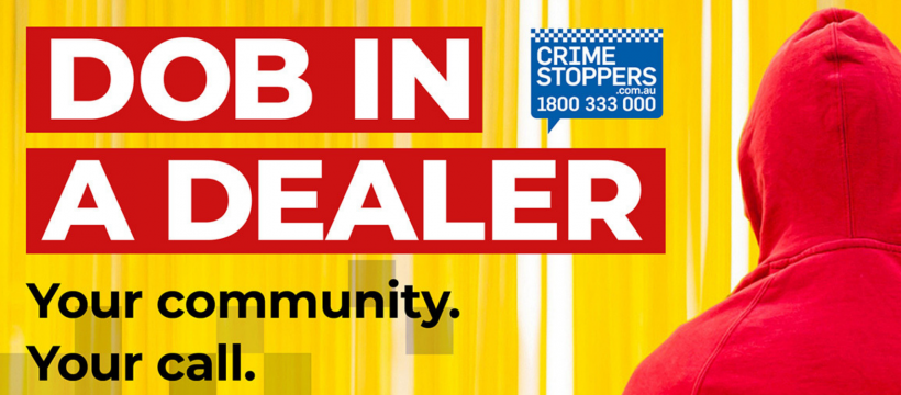 Dob in a Dealer campaign graphic featuring a red hooded figure on a yellow background.